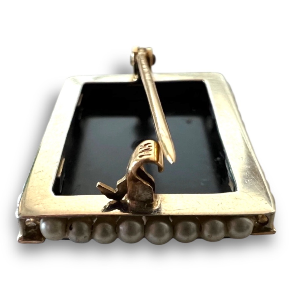Edwardian 14K Gold Onyx, Seed Pearl, & Old European Cut Diamond Mourning Brooch - Picture 7 of 9